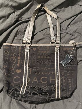 Coach Brown Logo Tote with Metallic Silver Trim
